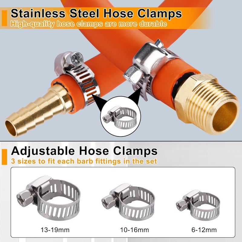 Ailbiuko 48PCS Brass Hose Barb Fittings,Barb Splicer Mender 3/16" 1/4" 5/16" 3/8" 1/2" 5/8" and Male Thread Adapter 3/8" Barbed to 1/4" NPT, 1/4" Barbed to 1/4" NPT Male with 96Pcs Pipe Hose Clamps - Image 4